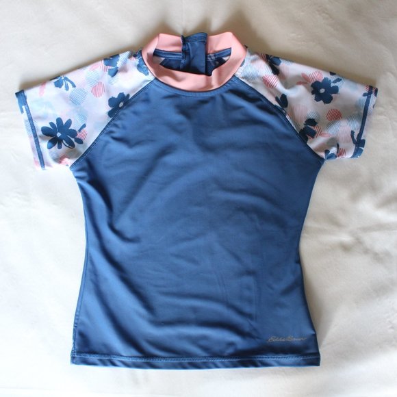 Eddie Bauer Girl's Blue Swim Shirt Rash Guard 1/4 Zip Rear ~S 7/8~ - Picture 1 of 8
